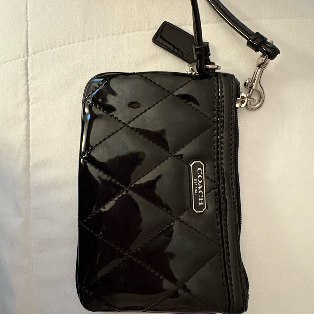 Coach Quilted Black Patent Leather Wristlet